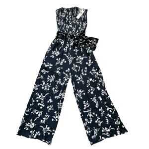 Olivaceous Smocked Button Detail Wide Leg Blue Print Jumpsuit Small